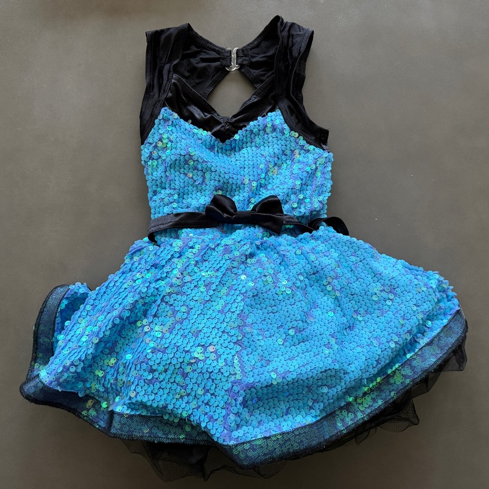 Weissman Sparkling Blue Sequin Dance Costume Dress with Black Details Sz SC